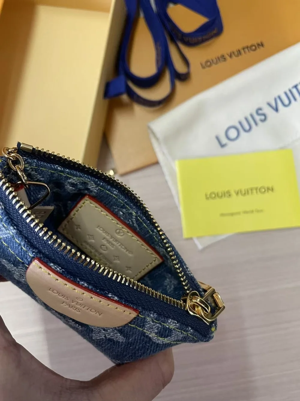 Louis Vuitton Blue Monogram Denim Key & Card Holder with Gold Chain